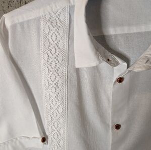 White on white Guayabera cotton and linen button-up shirt